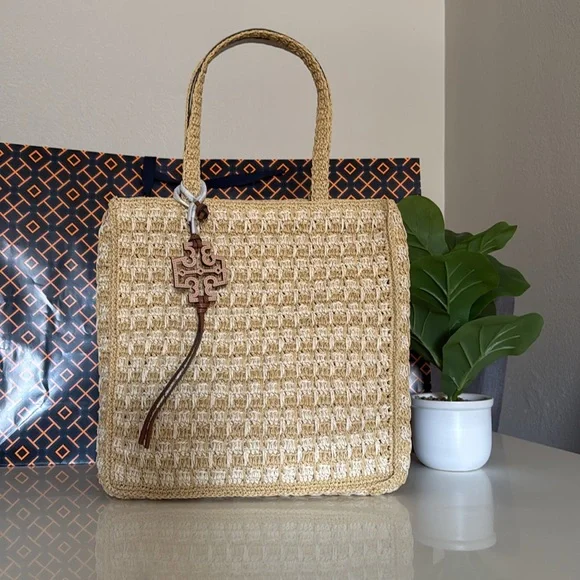 NWT , Tory Burch iced latte / pound cake straw Tote bag - Picture 3 of 12